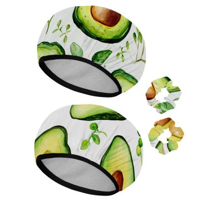 2 PCS Shower Cap for Women, avocados sprouts (1) Shower Caps + 2 Satin Scrunchies, Waterproof Bath Caps Elastic and Reusable Hair Cap for Shower