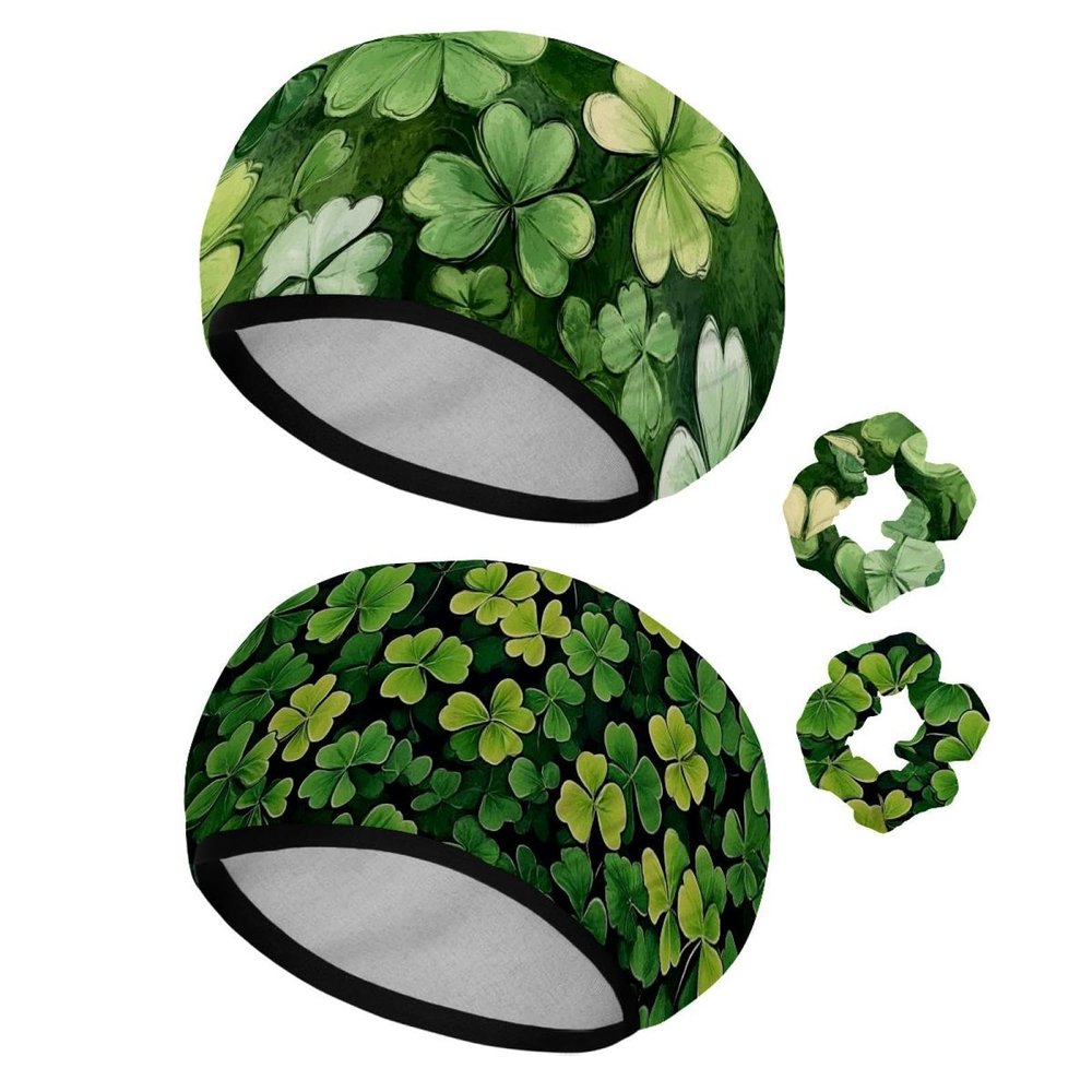 2 PCS Reusable Shower Caps with 2 Satin Scrunchies for Women, Large Waterproof Shower Bonnet Washable Elastic Band Bath Hair Hat for Long Hair, St.Patrick's Day (6)