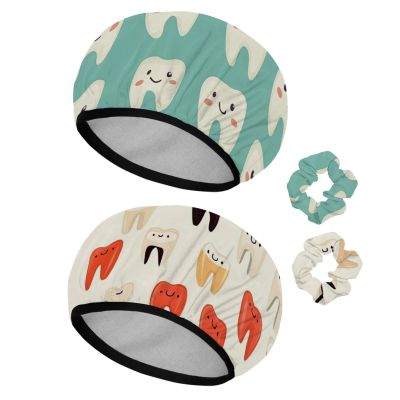 2 PCS Reusable Shower Caps with 2 Satin Scrunchies for Women, Large Waterproof Shower Bonnet Washable Elastic Band Bath Hair Hat for Long Hair, Cute Dental - 2024-12-10T165339.141
