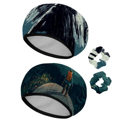 2 PCS Reusable Shower Caps with 2 Satin Scrunchies for Women, Large Waterproof Shower Bonnet Washable Elastic Band Bath Hair Hat for Long Hair, Mountain (2)