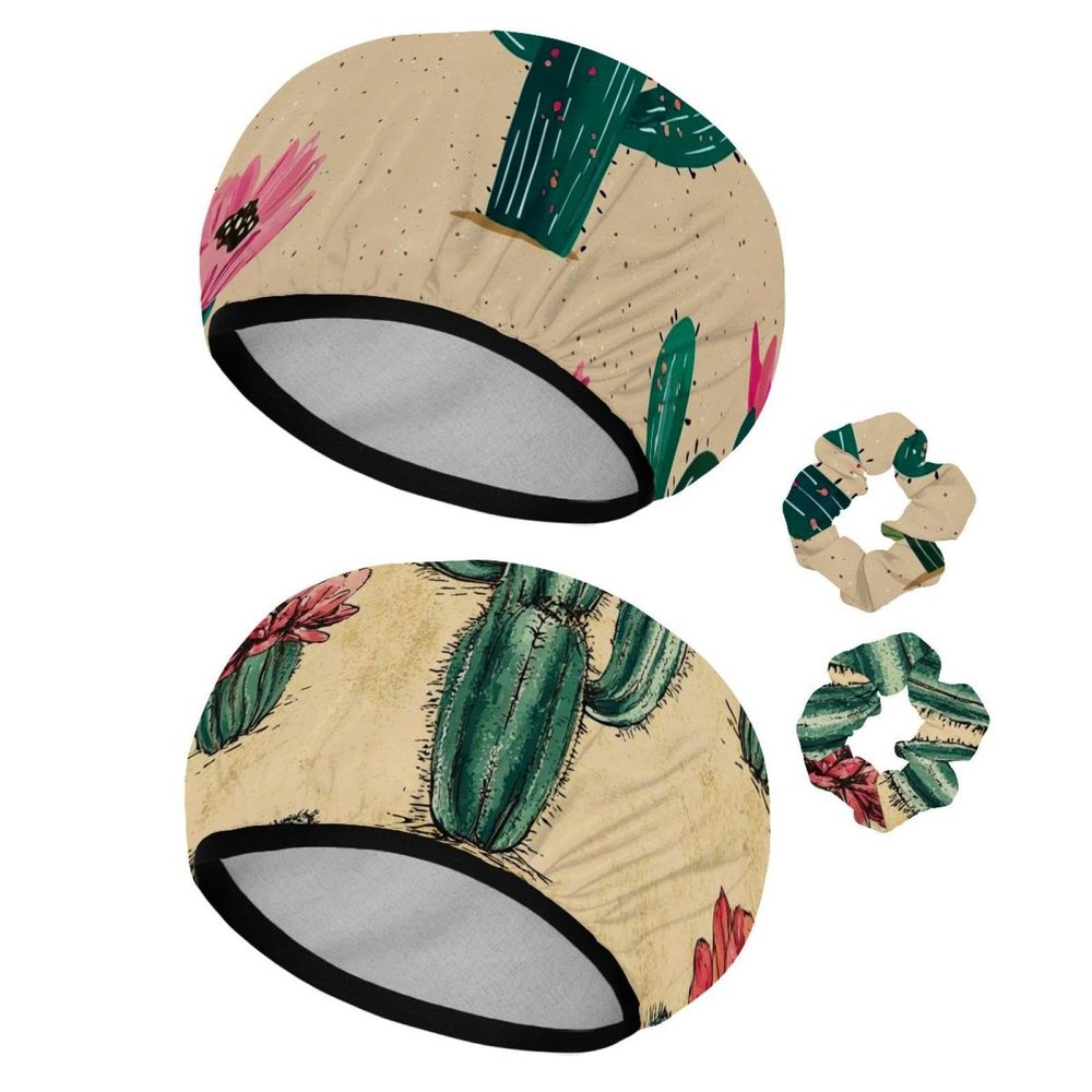 2 PCS Reusable Shower Caps with 2 Satin Scrunchies for Women, Large Waterproof Shower Bonnet Washable Elastic Band Bath Hair Hat for Long Hair, Hand Drawn Cactus (12)