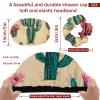 2 PCS Reusable Shower Caps with 2 Satin Scrunchies for Women, Large Waterproof Shower Bonnet Washable Elastic Band Bath Hair Hat for Long Hair, Hand Drawn Cactus (12) view 3