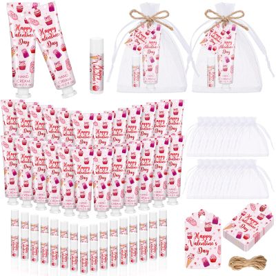 24 Sets Valentines Day Hand Cream and Lip Balm Gift Galentine's Day Gift Bulk Valentines Party Favors for Guest Strawberry & Cherry Travel Size Hand Lotion and Lip Balm Bridal Shower Party Supplies