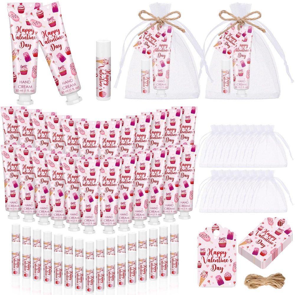 24 Sets Valentines Day Hand Cream and Lip Balm Gift Galentine's Day Gift Bulk Valentines Party Favors for Guest Strawberry & Cherry Travel Size Hand Lotion and Lip Balm Bridal Shower Party Supplies