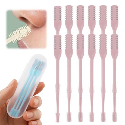 2-in-1 Nasal Hair Cutter, Nose Hair Trimmer for Men and Women, Dual-Blade Nose Hair Remover with 360 Rotation & Ear Pick, Compact Nose Trimmer with Cleaning Brush for Travel Grooming (Pink, 12pcs)