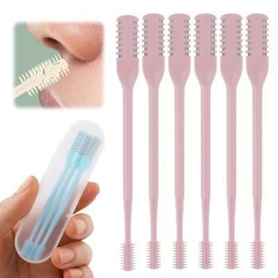 2-in-1 Nasal Hair Cutter, Nose Hair Trimmer for Men and Women, Dual-Blade Nose Hair Remover with 360 Rotation & Ear Pick, Compact Nose Trimmer with Cleaning Brush for Travel Grooming (Pink, 6pcs)