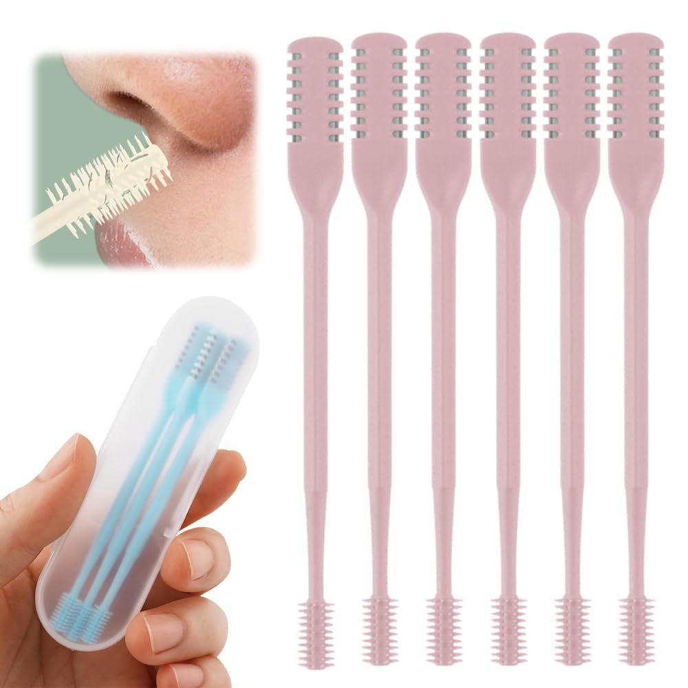 2-in-1 Nasal Hair Cutter, Nose Hair Trimmer for Men and Women, Dual-Blade Nose Hair Remover with 360 Rotation & Ear Pick, Compact Nose Trimmer with Cleaning Brush for Travel Grooming (Pink, 6pcs)