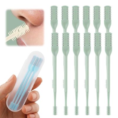 2-in-1 Nasal Hair Cutter, Nose Hair Trimmer for Men and Women, Dual-Blade Nose Hair Remover with 360 Rotation & Ear Pick, Compact Nose Trimmer with Cleaning Brush for Travel Grooming (Green, 12pcs)