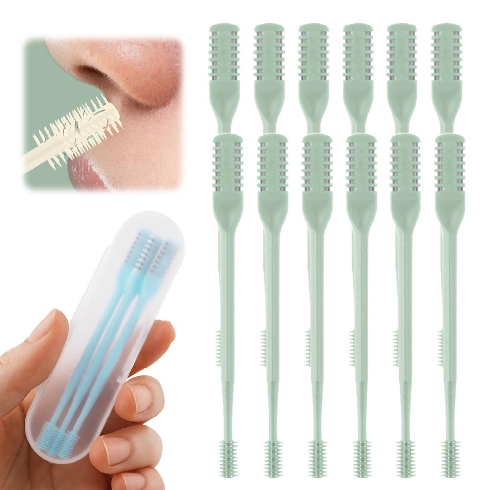 2-in-1 Nasal Hair Cutter, Nose Hair Trimmer for Men and Women, Dual-Blade Nose Hair Remover with 360 Rotation & Ear Pick, Compact Nose Trimmer with Cleaning Brush for Travel Grooming (Green, 12pcs)
