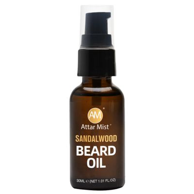 AM Attar Mist Beard Oil - Sandalwood Scented - Hydrates & Prevents Flaking - Softens, Prevents Tangles & Itch, Tames Frizz - Naturally Derived Argan Oil & Vitamin E - 1.01 fl oz