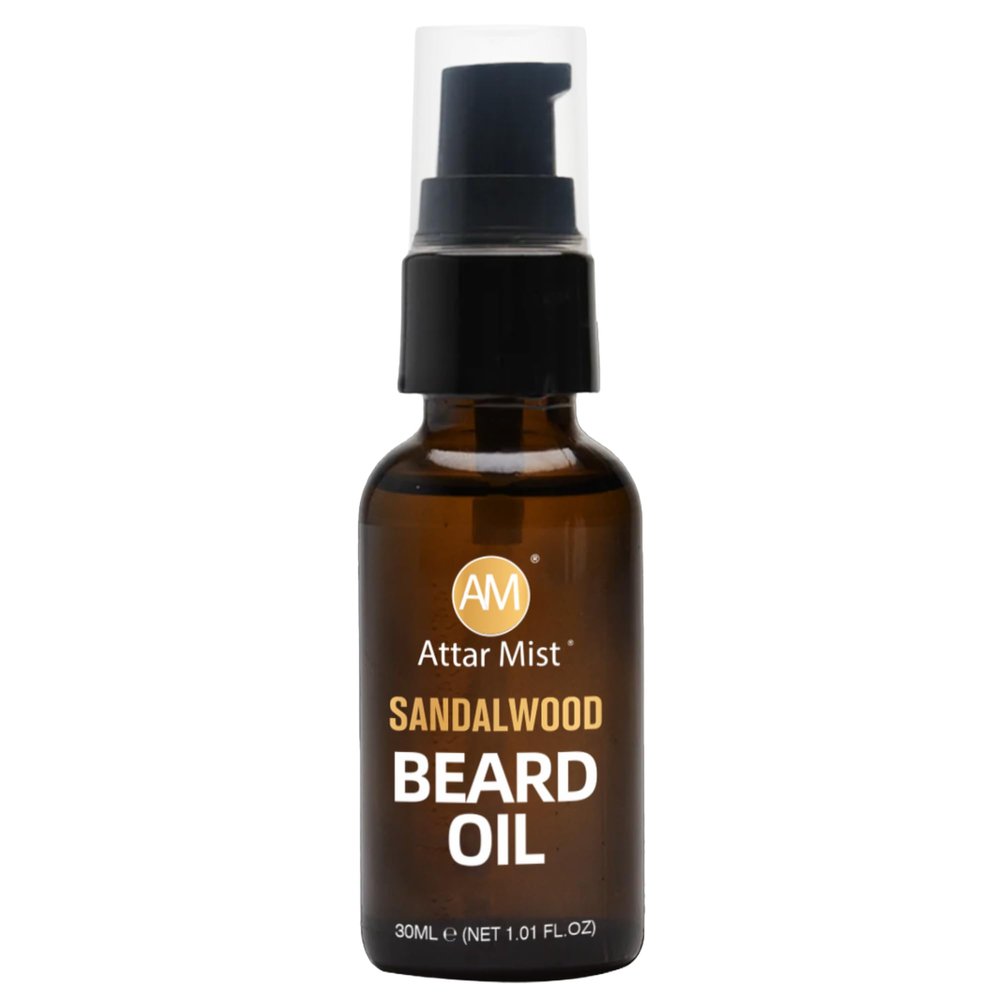 AM Attar Mist Beard Oil - Sandalwood Scented - Hydrates & Prevents Flaking - Softens, Prevents Tangles & Itch, Tames Frizz - Naturally Derived Argan Oil & Vitamin E - 1.01 fl oz