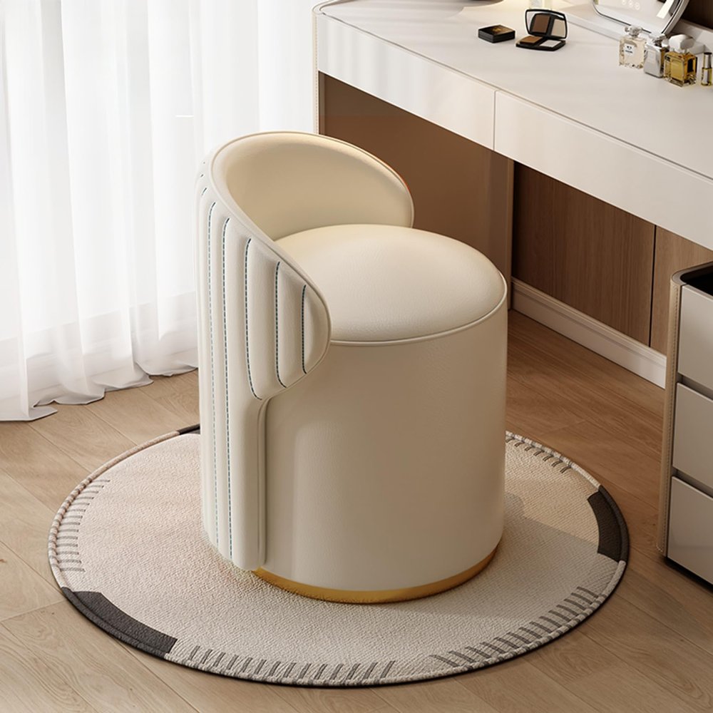 Round Swivel Vanity Chair with Back, Artificial Leather Upholstered Vanity Stool, Foot Stool for Living Room, Bedroom, Makeup Room, Beauty Salon, Nail Room (White)