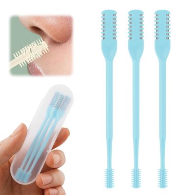 2-in-1 Nasal Hair Cutter, Nose Hair Trimmer for Men and Women, Dual-Blade Nose Hair Remover with 360 Rotation & Ear Pick, Compact Nose Trimmer with Cleaning Brush for Travel Grooming (Blue, 3pcs)