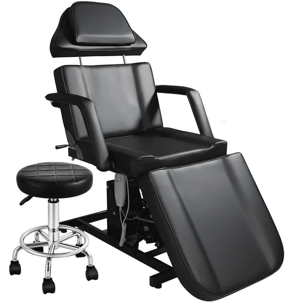KIIUMI Fully Electric Facial Tattoo Bed for Client, Esthetician Lash Chair with Rolling Stool, Remote Control, Extended Headrest All Purpose Artist Massage Table Beauty Salon Spa Equipment, Black