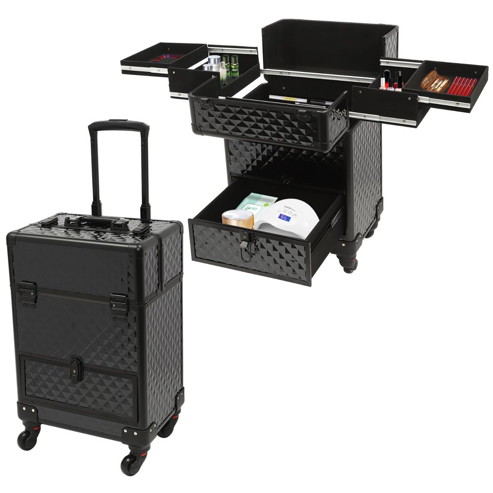 Fronimo Professional Makeup Trolley Rolling Nail Case Wheeled Manicure Storage Case 13.4 * 9.8 * 18.5inch for Storing Scissors Makeup Jewelry Tools Black
