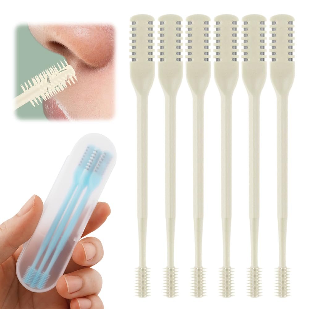 2-in-1 Nasal Hair Cutter, Nose Hair Trimmer for Men and Women, Dual-Blade Nose Hair Remover with 360 Rotation & Ear Pick, Compact Nose Trimmer with Cleaning Brush for Travel Grooming (Beige, 6pcs)