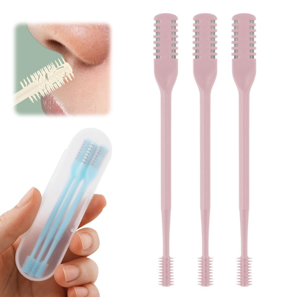 2-in-1 Nasal Hair Cutter, Nose Hair Trimmer for Men and Women, Dual-Blade Nose Hair Remover with 360 Rotation & Ear Pick, Compact Nose Trimmer with Cleaning Brush for Travel Grooming (Pink, 3pcs)