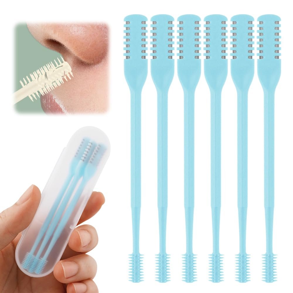 2-in-1 Nasal Hair Cutter, Nose Hair Trimmer for Men and Women, Dual-Blade Nose Hair Remover with 360 Rotation & Ear Pick, Compact Nose Trimmer with Cleaning Brush for Travel Grooming (Blue, 6pcs)
