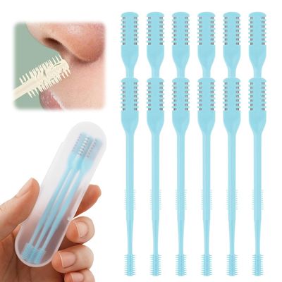 2-in-1 Nasal Hair Cutter, Nose Hair Trimmer for Men and Women, Dual-Blade Nose Hair Remover with 360 Rotation & Ear Pick, Compact Nose Trimmer with Cleaning Brush for Travel Grooming (Blue, 12pcs)