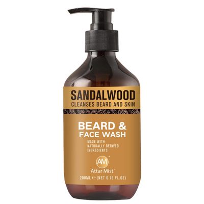 AM Attar Mist Beard & Face Wash - Sandalwood Scented - Gently Cleanses, Stops Itching & Flaking, Hydrates Dry Skin - Naturally Derived Aloe Vera, Galangal, & Orange Peel - 6.76 fl oz