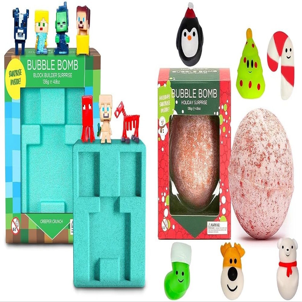 Block Builder Surprise Figure Inside and Christmas Bath Bomb for Kids - Stocking Stuffers for Boys and Girls