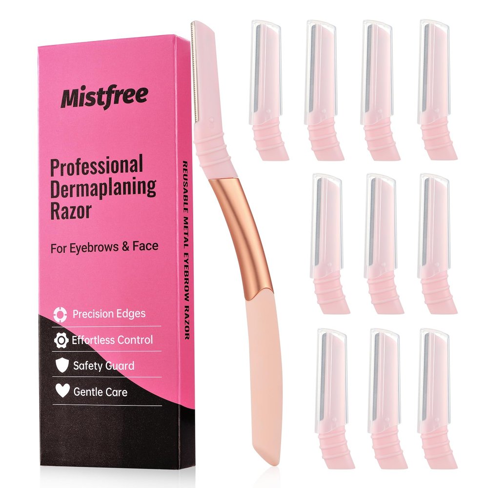 Mistfree Dermaplane Razor for Women Face, Eyebrow Razor Refills with 10 Razor Head, Reusable Face Razors, Professional Dermaplaning Tool for Exfoliation, Peach Fuzz Removal, Eyebrow Shaping