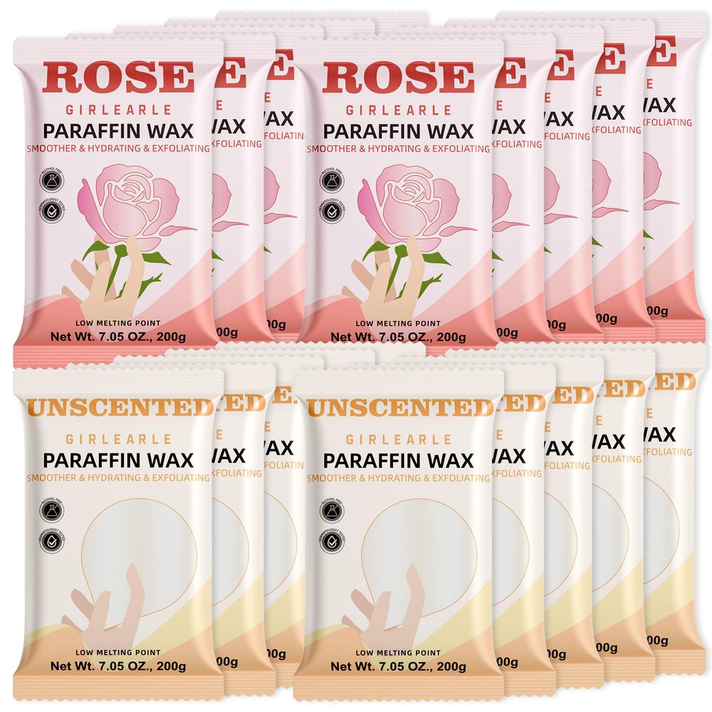 GIRLEARLE Paraffin Wax Refills 20 Packs Unscented & Rose for Paraffin Wax Bath Machine - for Dry Cracked Skin on Hands, Feet, Elbows - Moisturizing Hydration to Relieve Stiff Muscles & Joints
