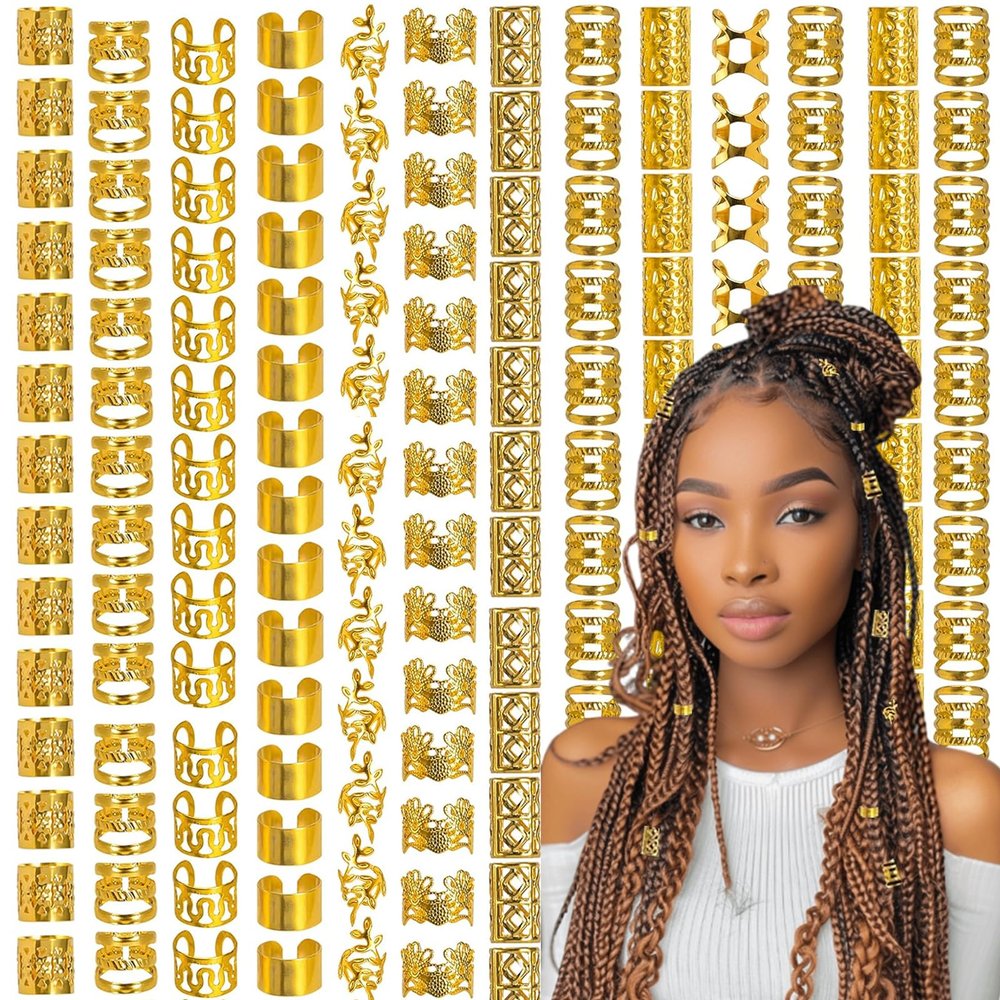 100PCS Gold Hair Jewelry for Braids Clips Style Dreadlock Hair Accessories cuffs Non-Piercing Ear Clips Loc Beads Hair Decoration (Gold)