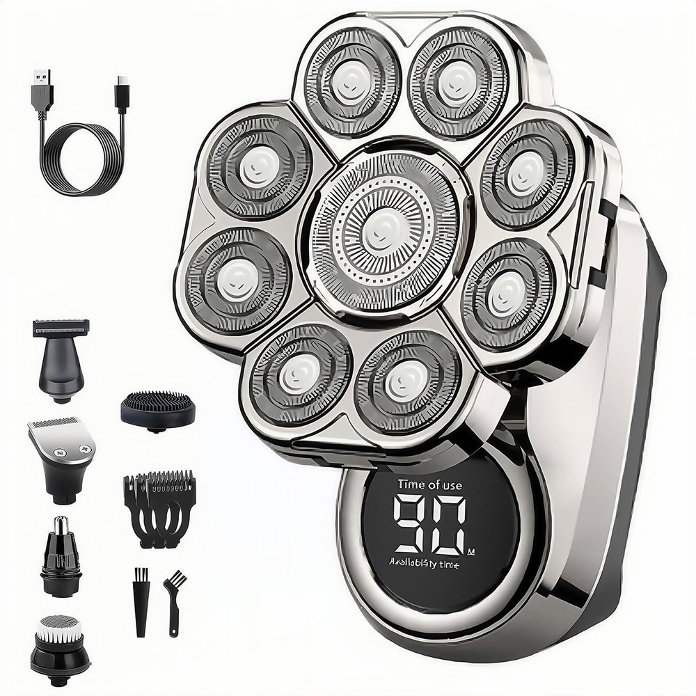 9D Floating Head Shaver for Men, 6-in-1 Detachable Razor, IPX7 Waterproof Wet & Dry, Intelligent LED Display, Rechargeable Cordless Electric Shaver, 1 Set Silver(1 Set Silver)