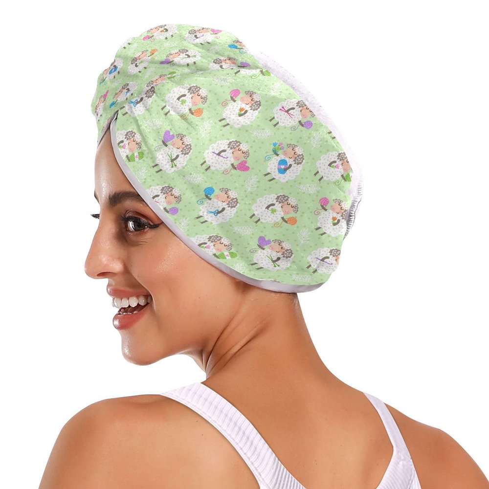 Gugusary Cute Sheep 2Pcs Coral Fleece Rapid Drying Hair Towels with Button Super Absorbent Lightweight Hair Wraps for Women and Soft Comfortable Head Towels