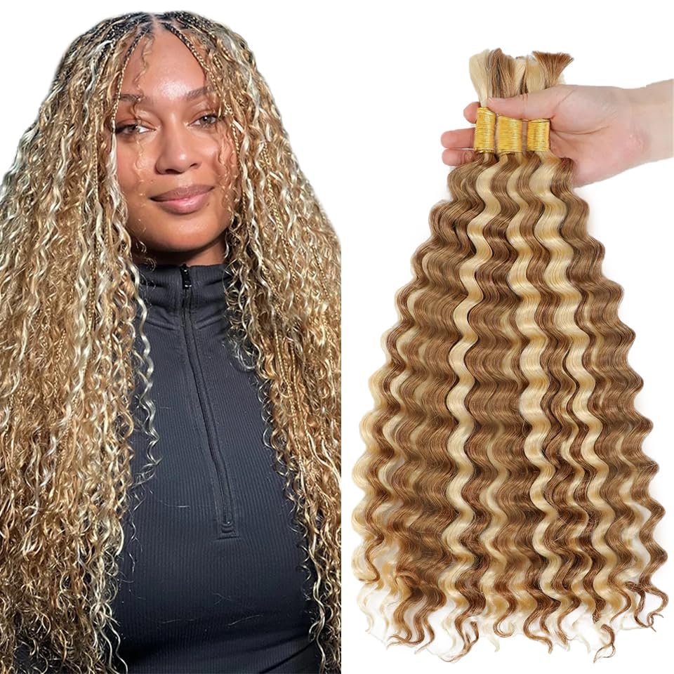 30 30 30 Inch P27613 Boho Human Hair Deep Wave Bulk Blonde Boho Braiding Hair Deep Curly 613 Boho Human Hair for Braiding Extensions