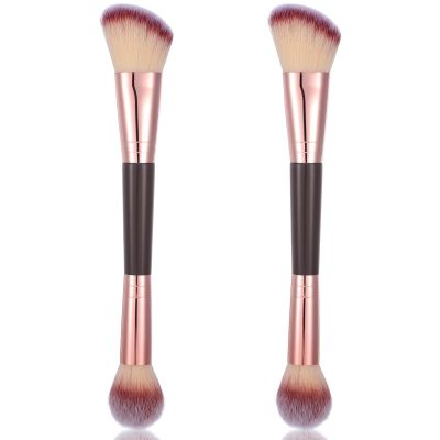 2PCS Face Brushes Double-Ended, Contour Brushes for Makeup, Round & Angled Design, All-in-One Makeup Tool 100% Vegan Synthetic Bristles, for Blush/Contour/Highlighter (Rose Gold, Brown)