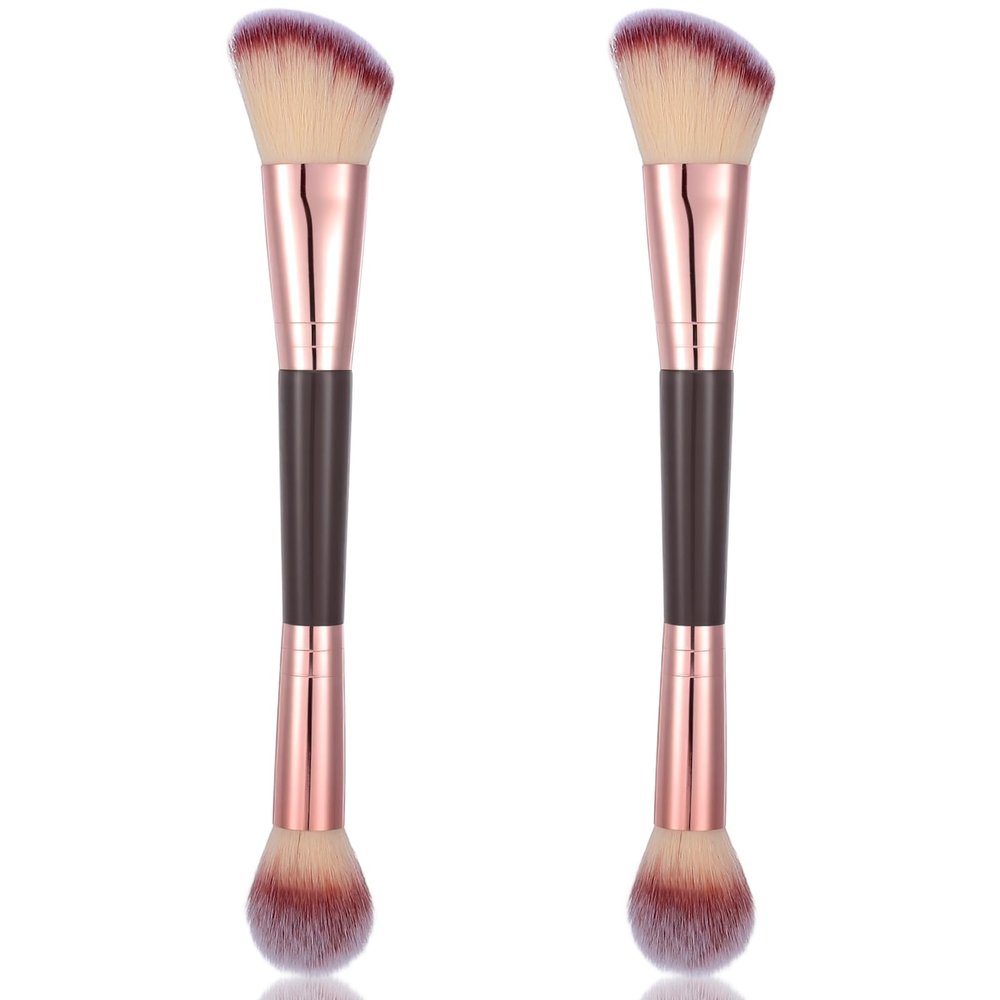 2PCS Face Brushes Double-Ended, Contour Brushes for Makeup, Round & Angled Design, All-in-One Makeup Tool 100% Vegan Synthetic Bristles, for Blush/Contour/Highlighter (Rose Gold, Brown)