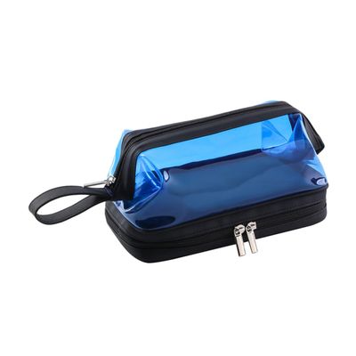 PRETYZOOM Double Travel Cosmetic Bag for Women Compact Zippered Toiletry Organizer with Separate Storage for Makeup and Toiletries Portable Gym and Shower Pouch in Blue