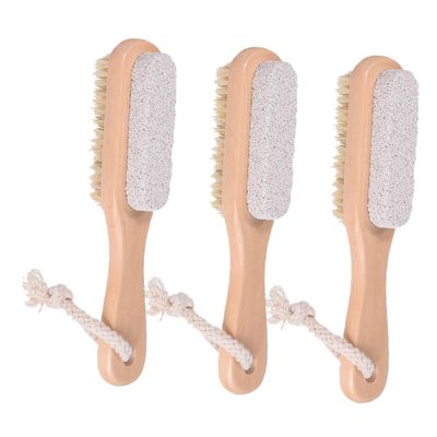 DEARMAMY 3pcs Double-Sided Foot Brush with Pumice Stone and Boar Bristles Wooden Handle Feet Scrubber for Dead Skin Removal and Exfoliation for Soft Smooth Skin