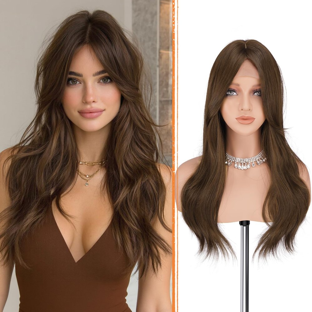 Haloo Brown Wigs with Curtain Bangs - Lace Front Hairline Middle Part Long Layered Natural Looking Wavy Hair Synthetic Women Wig for Daily Party, 22 Inch Light Brown