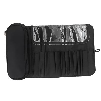 YolieraArt Makeup Storage Bag, Folding Cosmetic Organizer with Brush Slots, Large Capacity Travel Toiletry Bag in Black Cloth