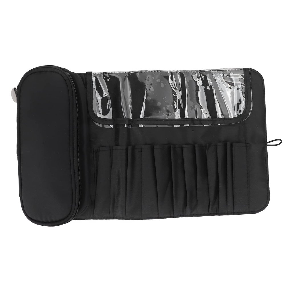 YolieraArt Makeup Storage Bag, Folding Cosmetic Organizer with Brush Slots, Large Capacity Travel Toiletry Bag in Black Cloth