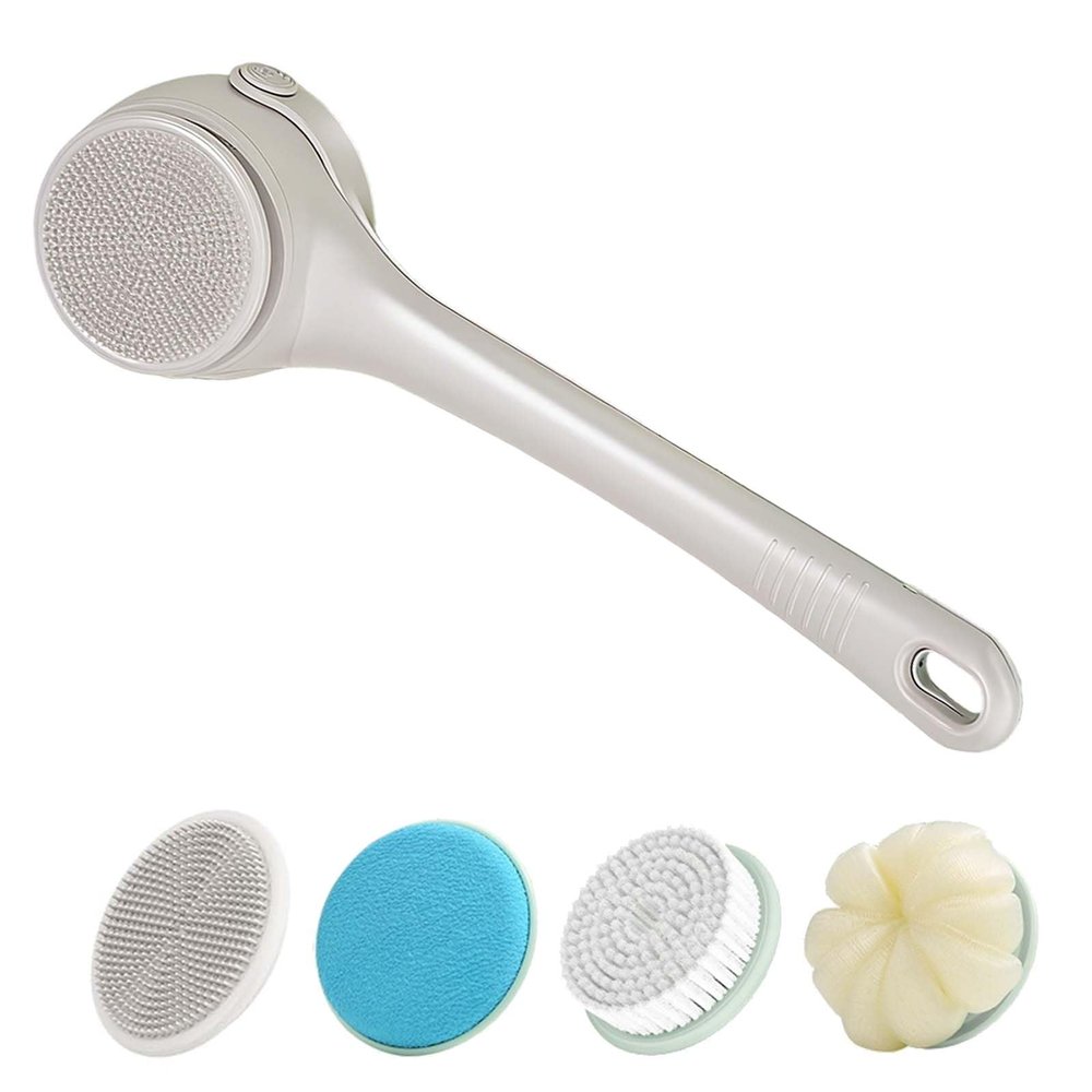 Electric Body Brush Back Scrubber for Shower, Waterproof Rechargeable Bath Brush with 4 Brush Heads Long Handle, Auto Spinning Exfoliating Tool for Deep Cleansing Skin Massage (White)