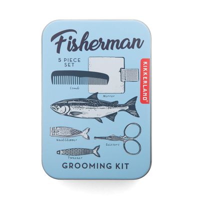 Kikkerland Fisherman Grooming Kit Travel Care Set with Comb, Mirror, Nail Clippers, Scissors, & Tweezers