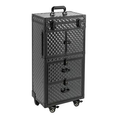 Bacocoo 4-Layer Hairdressing Rolling Case Water Cube Style,Heavy-Duty Rolling Cosmetic Case with Lock Universal Wheels,Large Capacity Makeup Rolling Train Case for Hairstylists,Make-up Artists,Black.