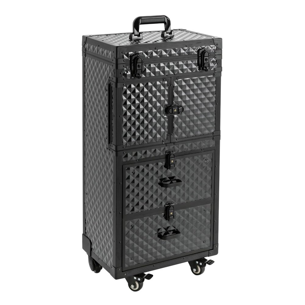 Bacocoo 4-Layer Hairdressing Rolling Case Water Cube Style,Heavy-Duty Rolling Cosmetic Case with Lock Universal Wheels,Large Capacity Makeup Rolling Train Case for Hairstylists,Make-up Artists,Black.