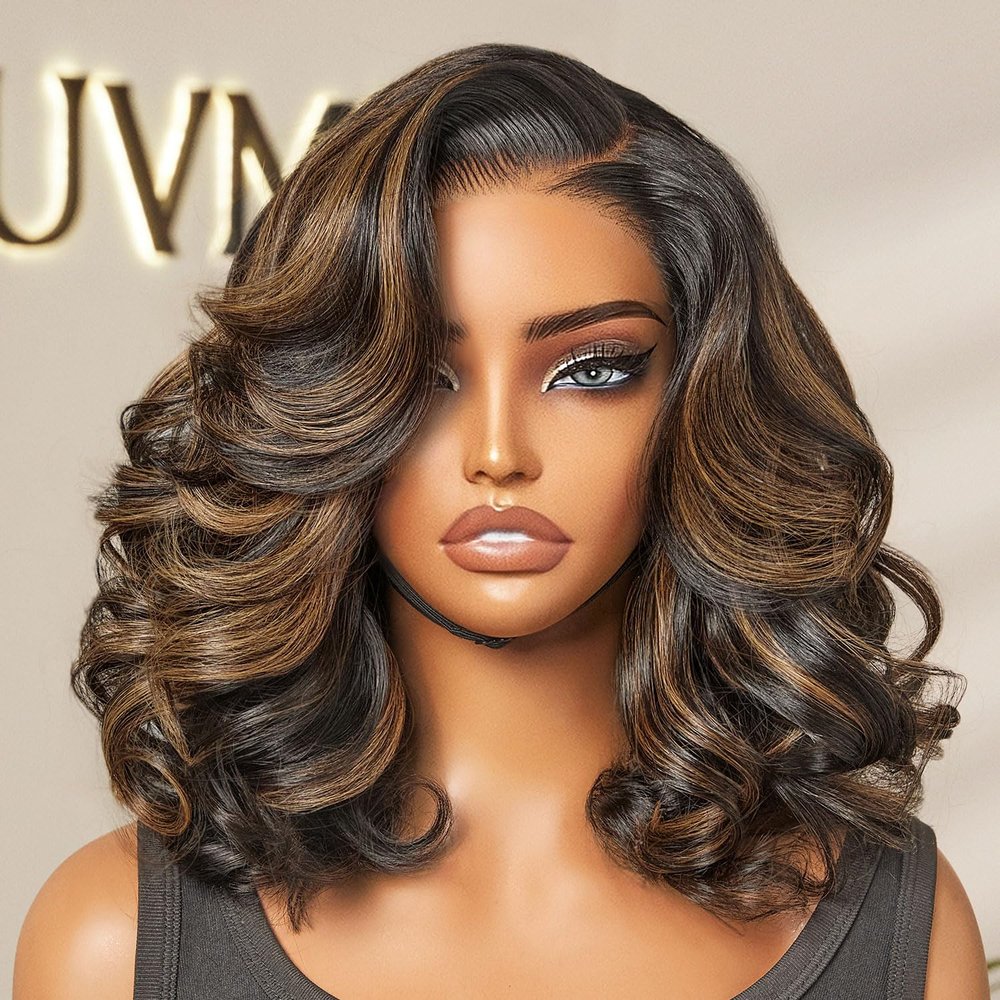 LUVME HAIR 100% Human Hair Wigs Loose Wave Glueless Lace Front 18 Inches, Pre Cut Plucked Hd Lace Short Wig Ready To Go Highlight Color Straight Bleached Knots Side Part Wigs