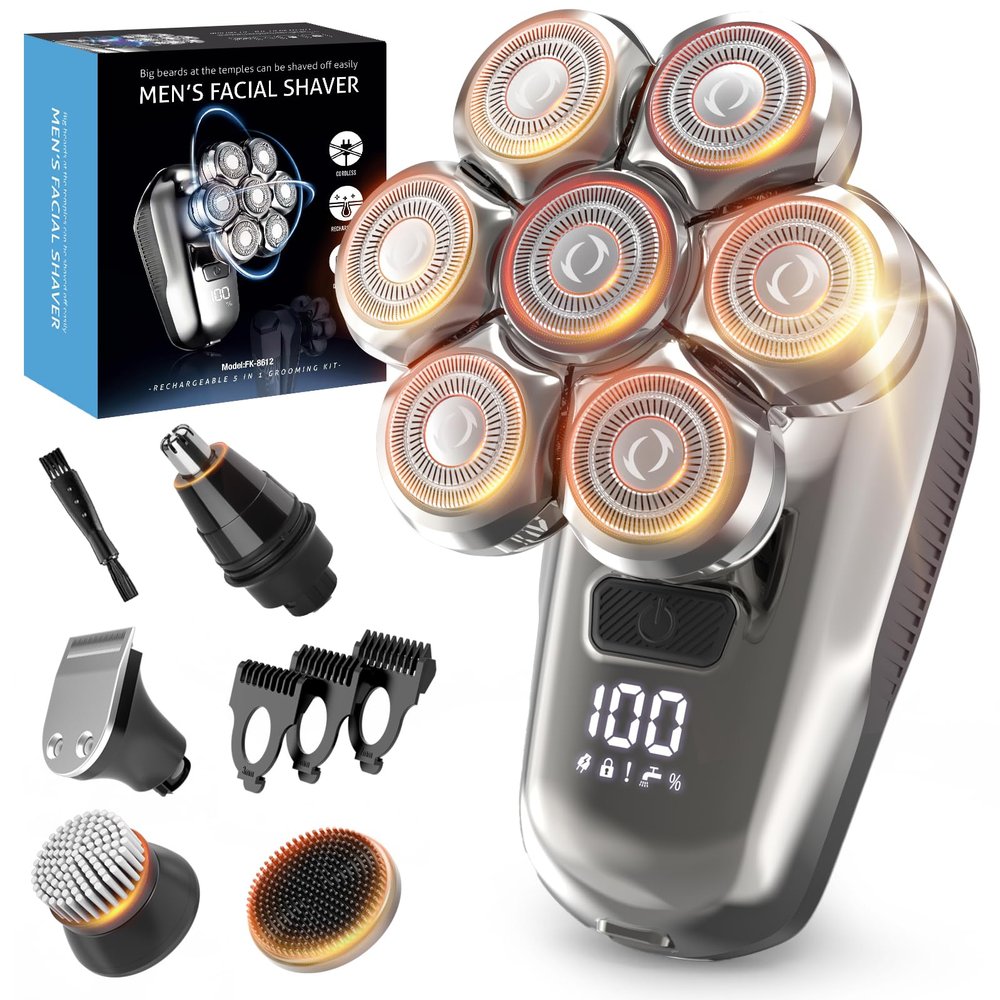 Head Shaver for Bald Men, 7D Floating Bald Head Shaver 5-in-1 Grooming Kit, Wet/Dry Electric Razor with LED Display, Turbo Speed, Magnetic Detachable Blades, IPX6 Waterproof, Type-C Rechargeable