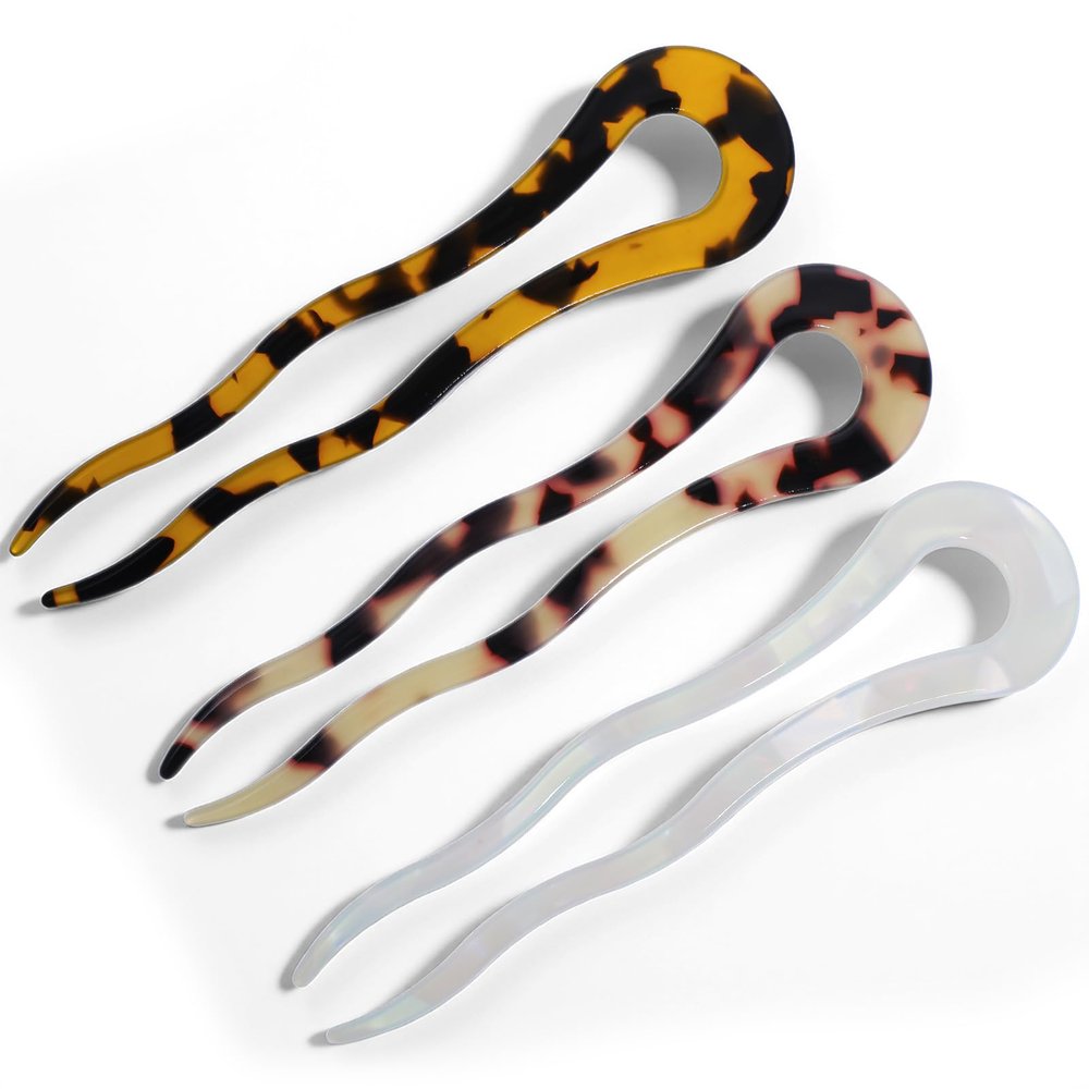 3 Packs 4.53 Inch French U Shaped Hair Sticks for Women, Acetate Prestige Hair Bun Pins, Tortoise Shell U Pins, Durable 2 Prong Sticks, Smooth for Girls, Chignon, Fashion Styling Accessories