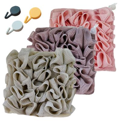 3 Pack Loofah Washcloth Set with Soap Pouch Exfoliating Bath Sponge with Drawstring for Deepth Cleansing and Smooth Skin (3 Colors)