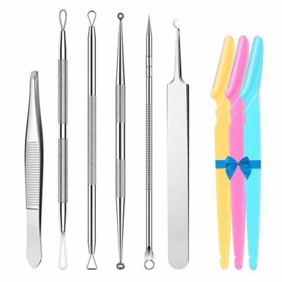 Blackhead Remover Lumps Popper Tool kit with Diagonal Tweezers