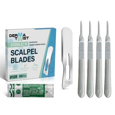 DermaTwist 10R Blades Dermaplaning & #3 Scalpel Handle Professional Dermaplaning Tool for Face with Pack of 300 10R Blades Dermaplaning & Pack of 4 Stainless Steel #3 Scalpel Handle