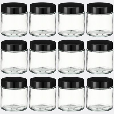 12 Pcs 4 oz Clear Glass Jars with Black Lids Leakproof Round Airtight Jars Empty Cosmetic Jars with Inner Liners Lid for Candle Making Storing Lotions Spice Powder Liquid Sample Makeup (Black,clear)