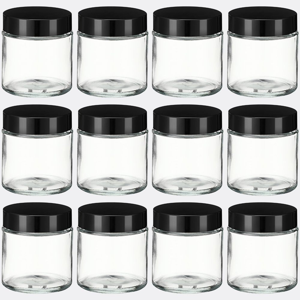 12 Pcs 4 oz Clear Glass Jars with Black Lids Leakproof Round Airtight Jars Empty Cosmetic Jars with Inner Liners Lid for Candle Making Storing Lotions Spice Powder Liquid Sample Makeup (Black,clear)